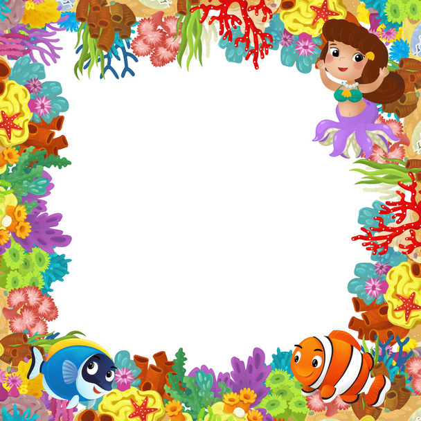 cartoon scene with coral reef and happy fishes swimming near mermaid princess isolated illustration for kids - Foto, Bild