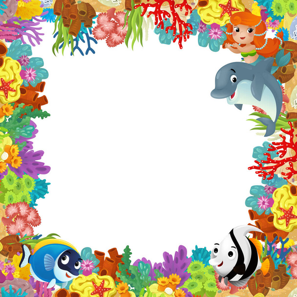 cartoon scene with coral reef and happy fishes swimming near mermaid princess isolated illustration for kids - Photo, image