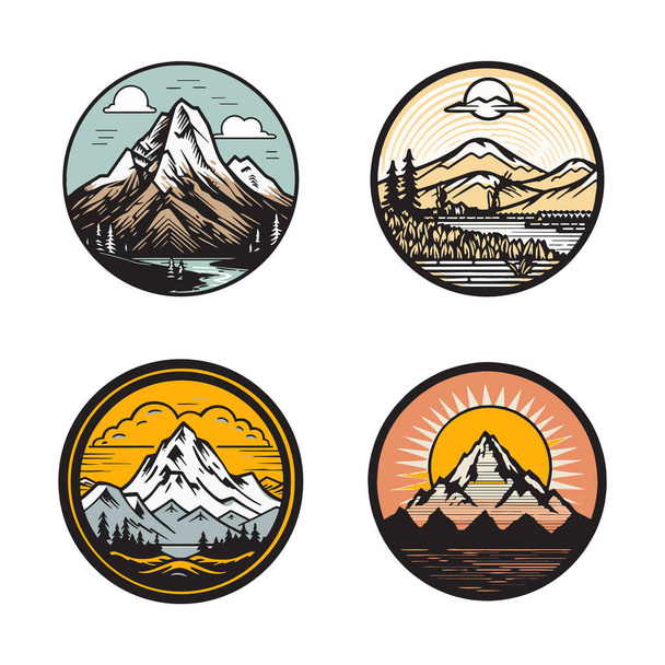 Hand Drawn vintage mountain logo in flat line art style isolated on background - ベクター画像