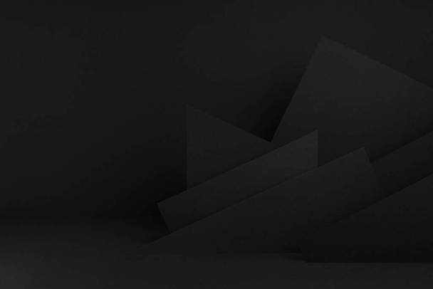 Luxury black stage mockup with abstract geometric pattern of angles, polygons and triangles as relief for presentation cosmetic products, goods, advertising, design in contemporary minimalist style. - 写真・画像