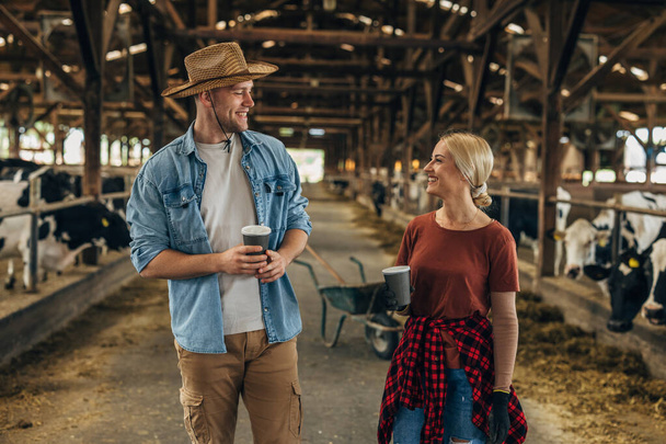 Young couple working together in a stable and drinking coffee. - Photo, image