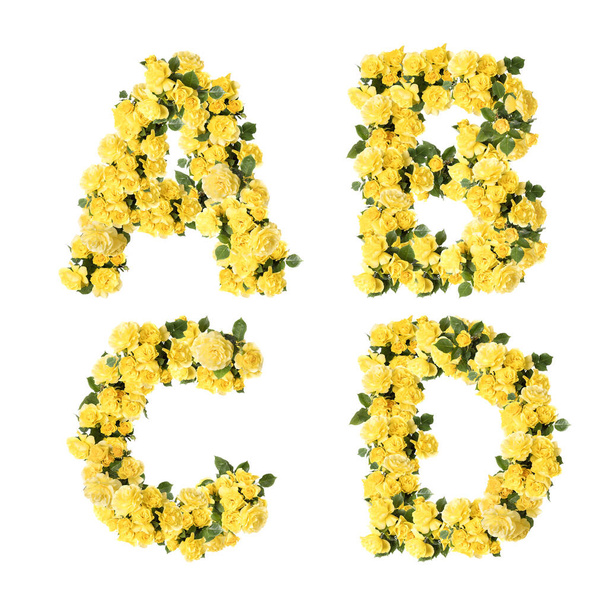 3D illustration of yellow rose flowers capital letter alphabet - letters A-D - Фото, изображение
