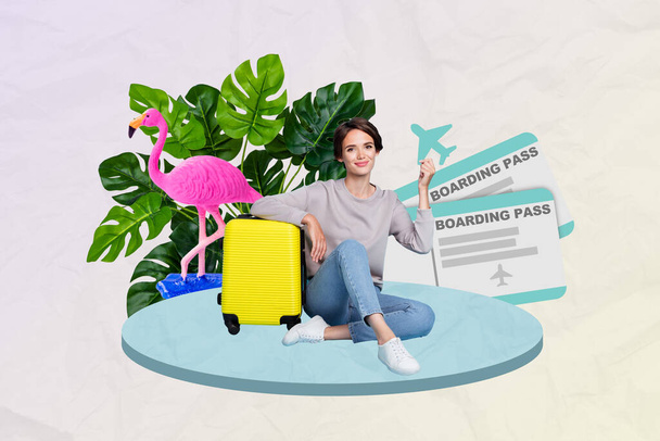Collage image 3d pop pinup banner picture billboard of charming girl advertising travel agency low price tickets hold paper plane. - Foto, Imagem