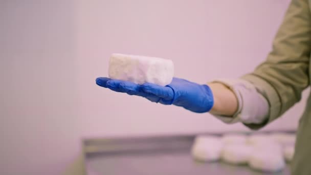 Bioalapú lágy sajtot papírcsomagolásban tartó dolgozó közelkép kézműves sajtgyártás - Felvétel, videó