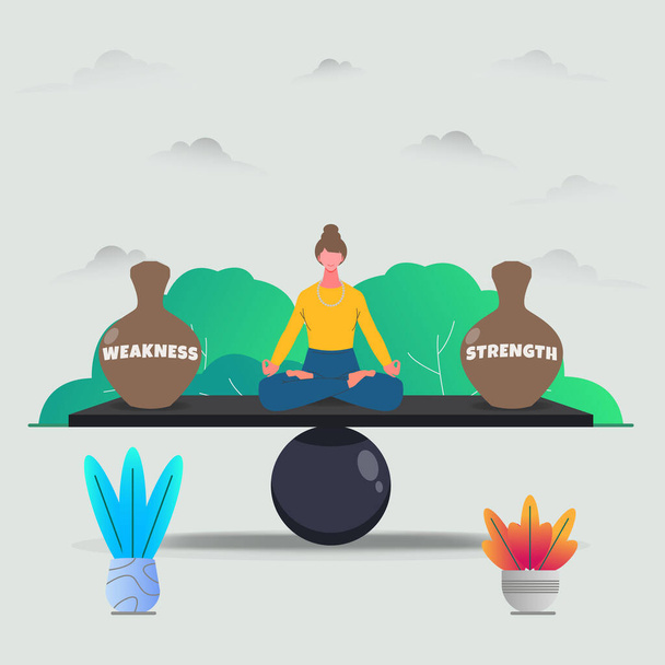 Vrouw meditatie om evenwicht tussen WEAKNESS en STRENGTH ontwerp vector illustratie - Vector, afbeelding