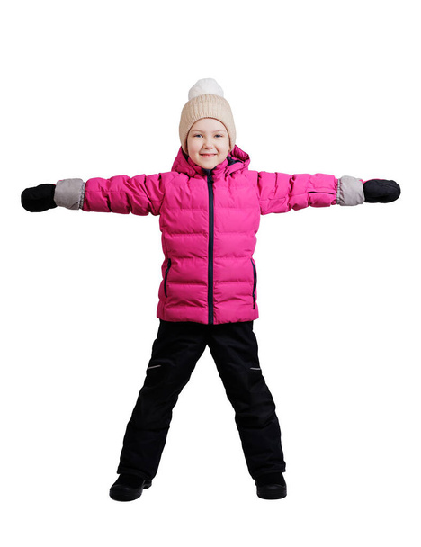 Portrait of happy little girl in winter wear isolated on white background - Photo, Image