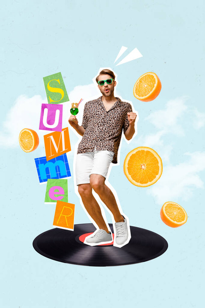 Vertical template sketch bright collage 3d pop image of funky crazy man dancing club enjoy free time have fun stand big disk cassette. - Foto, immagini