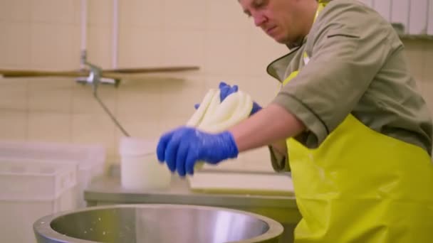 production of dairy cheeses the cheesemaker sculpts fresh mozzarella with his hands and stretches cheese - Footage, Video