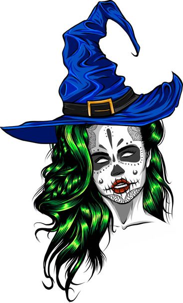 vector beautiful witch in a classic hat and coloured hair - Vecteur, image