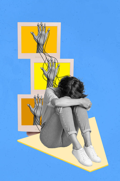 Vertical composite design collage of crying woman depression computer screen fingers manipulates zombie tv isolated on blue background. - 写真・画像