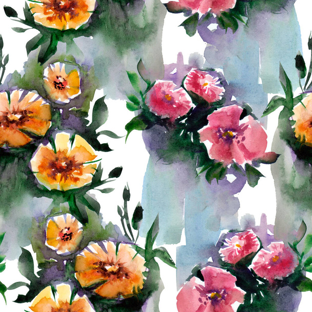 手描きの水彩の花や葉でシームレスな古典的なパターン。植物水彩画のイラストと背景 - 写真・画像