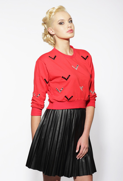 Trendy Blond in Red Blouse and Black Skirt - Valokuva, kuva