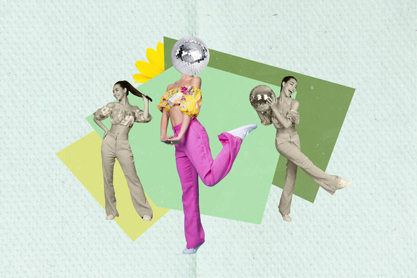 Artwork magazine collage picture of funky lady disco ball instead head having fun isolated drawing background. - Foto, imagen