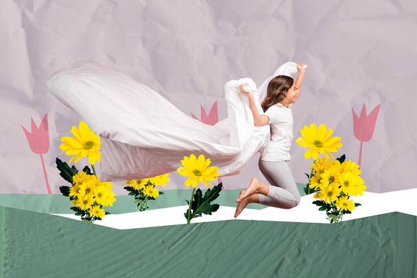 Spring bloom yellow daisy flowers funky small kid girl barefoot jumping pajama with duvet isolated over nature environment field background. - 写真・画像