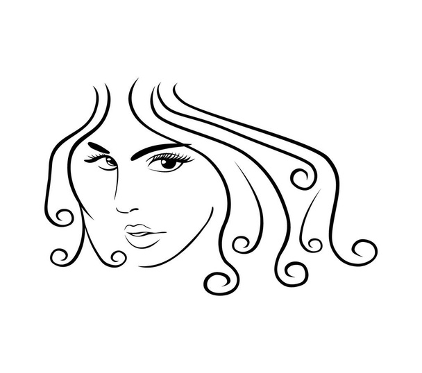 Un gráfico plano de una vista frontal de una Cabeza Femenina con pelo rizado largo, aislado sobre un fondo blanco  - Foto, Imagen