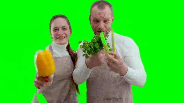 bannière pour l'épicerie publicité légumes fruits deux personnes dans des tabliers souriant acheté d'excellents produits joie confort commodité épicerie livraison à domicile panneau d'affichage publicité par carte postale  - Séquence, vidéo