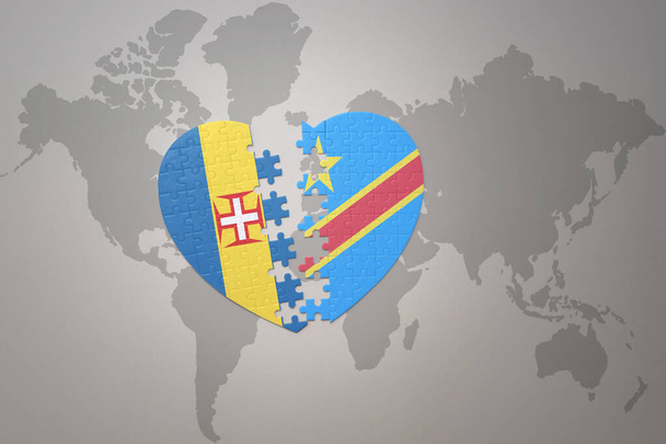 puzzle heart with the national flag of democratic republic of the congo and madeira on a world map background. Concept. 3D illustration - Photo, Image
