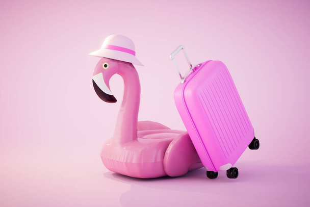 concept of summer vacation. flamingo inflatable ring and suitcase on pastel background. 3d render. - Photo, Image