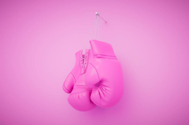 Hanging pink womans boxing gloves isolated on pastel background. 3d render. - Photo, Image