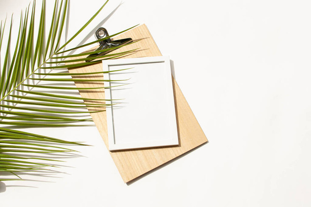 Empty frame place for text and leaf of palm tree shadow on white background. Flat lay style - Photo, Image