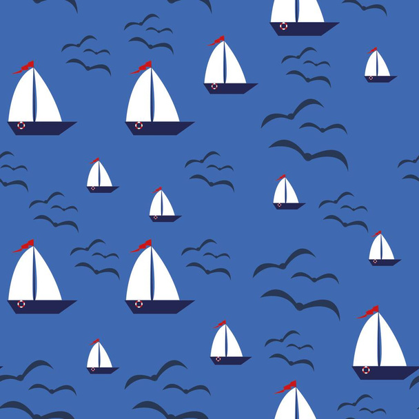 夏のシームレスなパターン。青い海の背景に隔離された帆船とカモメ. - 写真・画像
