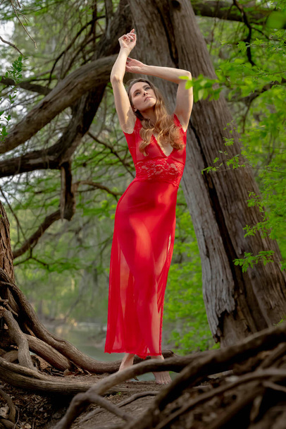 A gorgeous brunette model enjoys the summer weather near a lake - Фото, зображення