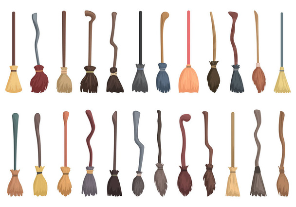 Broomstick icons set cartoon vector. Magic wizard. Wood stick - Διάνυσμα, εικόνα