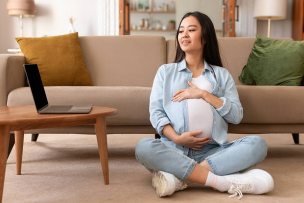 Těhotenství Digitální volný čas. Těhotná japonská dáma pomocí notebooku, pracovní a síťování on-line sedí v moderním obývacím pokoji doma. Koncepce očekávání a internetové technologie - Fotografie, Obrázek