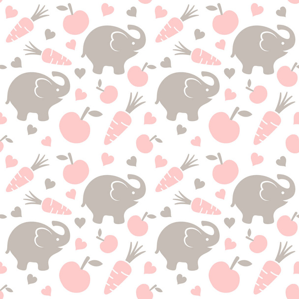 Elephant Seamless Pattern Background with Carrots, Apples and Hearts, Vector illustration - Vektor, kép