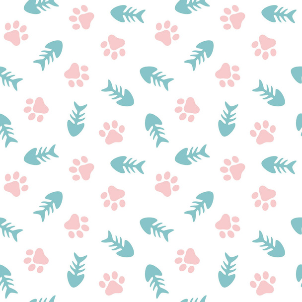 Fishbones and Animal Paws Seamless Pattern Background, Cat and Fish Vector Illustration - Vektor, Bild