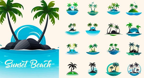 Summer beach island with palm trees in the ocean. Vector emblem of travel, holiday, resort. Vector Logo collection - Vector, Image