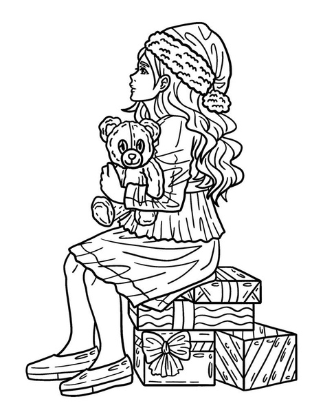 A cute and beautiful coloring page of a Christmas Child Waiting for Santa. Provides hours of coloring fun for adults. - Vector, Image