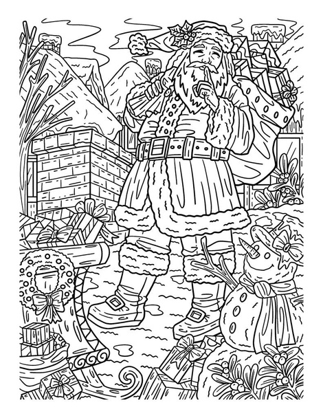 A cute and beautiful coloring page of a Christmas Santa Beside Chimney. Provides hours of coloring fun for adults. - Vector, Image