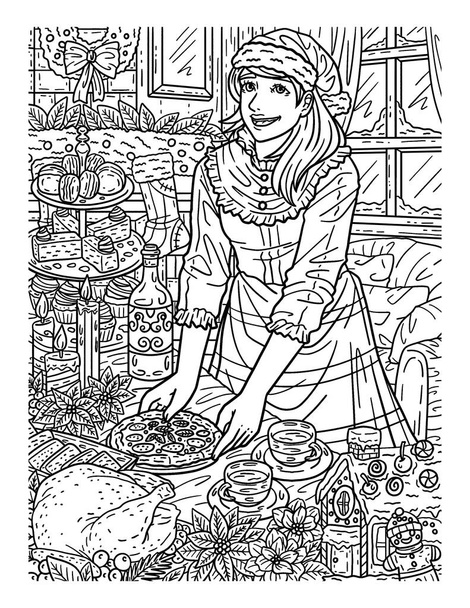 A cute and beautiful coloring page of a Christmas Mom Preparing Dinner. Provides hours of coloring fun for adults. - Vector, Image