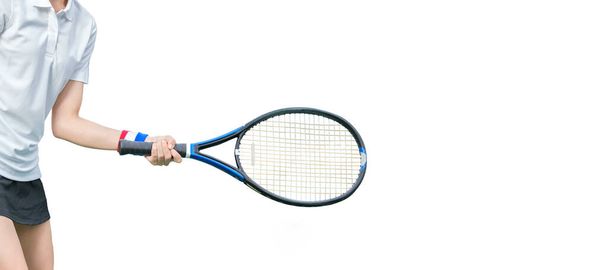 Теннисистка держит ракетку на белом фоне с копировальным пространством. - Фото, изображение
