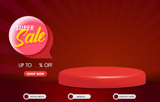 super sale discount for social media post banner with 3d podium for product sale with abstract gradient red background design - Wektor, obraz
