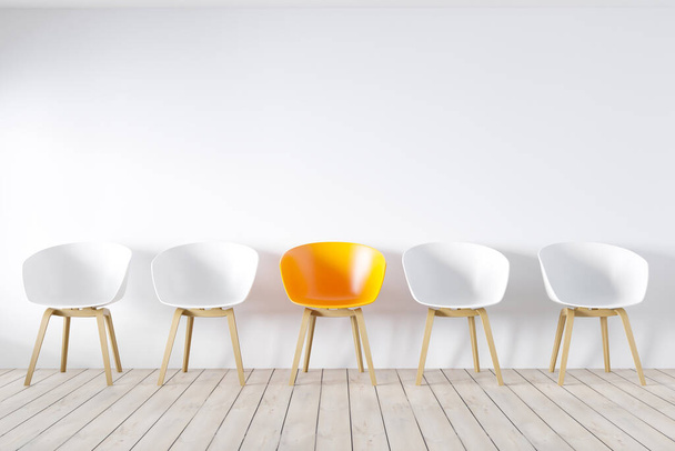 A székek sora egy kakukktojás. Álláslehetőség. Üzleti vezető. toborzási koncepció. 3D-leképezés - Fotó, kép