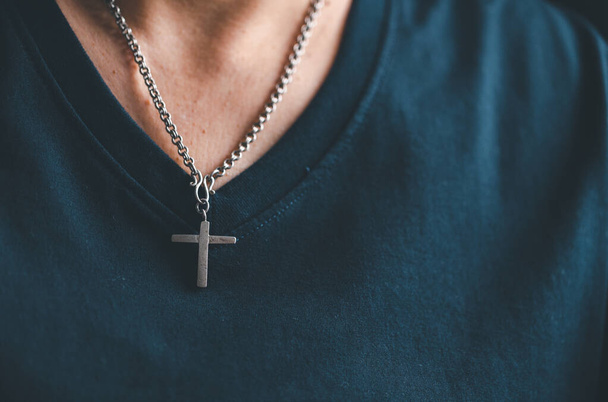 Christianity woman catholic with cross crucifix pray to god, person prayer in church concept of religion, spirituality, religious, believe, faith, hope, worship. - Photo, Image