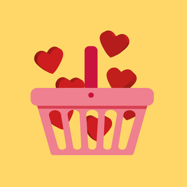 Ροζ καλάθι αγορών γεμάτο με καρδιές και μου αρέσει, online αγορές και μάρκετινγκ έννοια - Διάνυσμα, εικόνα