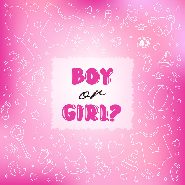 Género Revelar Party Boy or Girl Banner de fondo cuadrado rosa para baby shower. Ilustración de vector de stock en estilo doodle blancos lements sobre fondo borroso de malla. - Vector, imagen