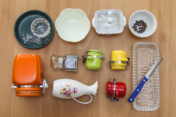 Multi-colored ceramic kitchen ware, top view - Φωτογραφία, εικόνα