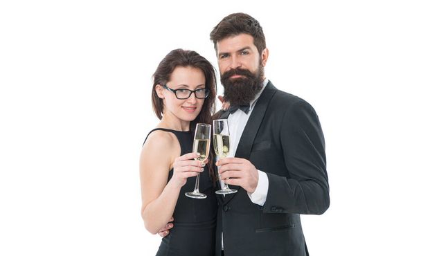 family celebrate holiday. business corporate party. cheers concept. couple in love. man in tuxedo with sexy lady. formal couple drink champagne for partnership. successful people business event. - Фото, изображение