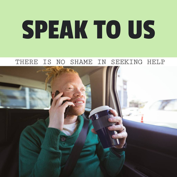 Composition of speak to us, there is no shame in seeking help texts and african american albino man. Mental health awareness and help concept digitally generated image. - Foto, immagini