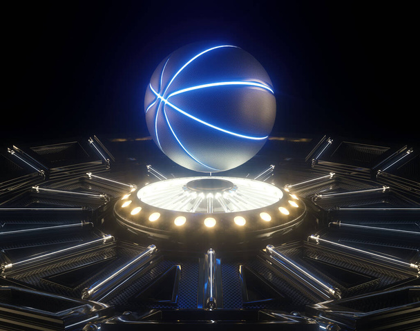 Un concepto deportivo futurista de una pelota de baloncesto iluminada con marcas de neón flotando sobre un escenario de neón futurista - 3D render - Foto, imagen