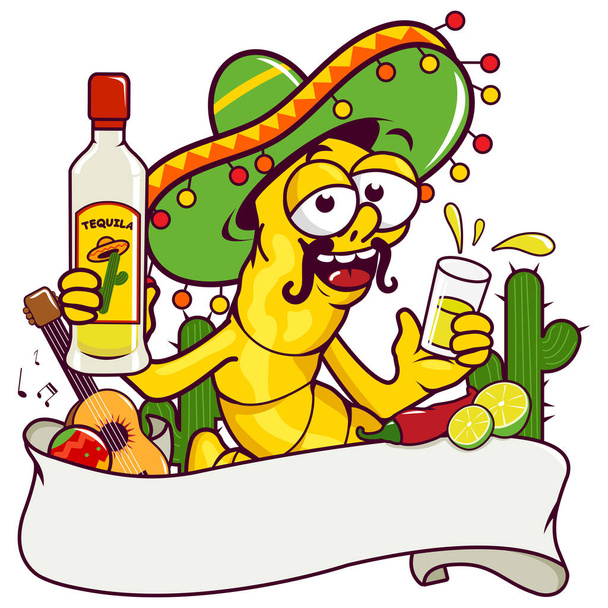 Banner decorated with a tequila worm drinking tequila and other Mexican themed illustrations. Vector illustration   - Vektör, Görsel