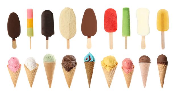 Set of different tasty ice creams on white background - Fotoğraf, Görsel