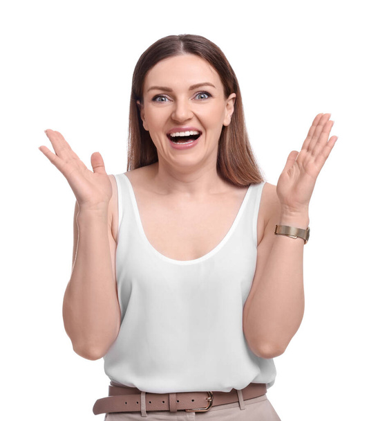 Beautiful happy businesswoman posing on white background - Photo, image