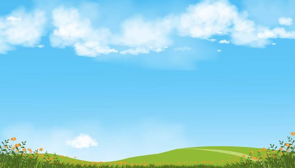 Природный весенний пейзаж, Зеленое поле, Облако, Летнее небо, Природный горизонт сельской местности с зеленым лугом и цветами на холмах в солнечный день, Знамя для едока, День окружающей среды фон - Вектор,изображение