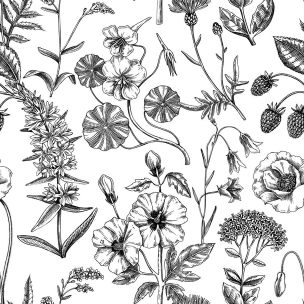 Hand-drawn summer background. Floral texture design. Sketched wildflowers seamless pattern. Vector illustration of field of flowers for wedding invitation, greeting cards, textile, packaging - Vektor, Bild