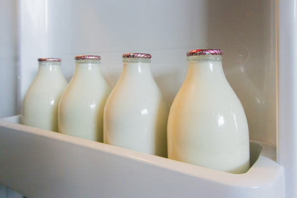 Maitopullot jääkaapin ovessa
 - Valokuva, kuva